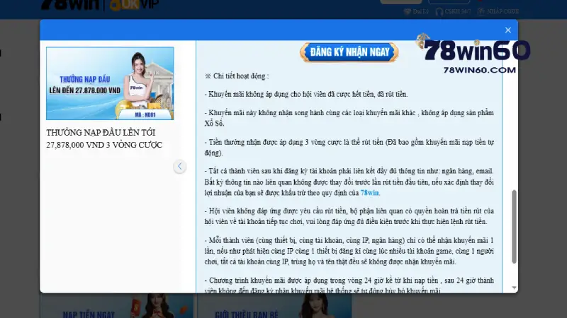 Các điều khoản 78win về khuyến mãi