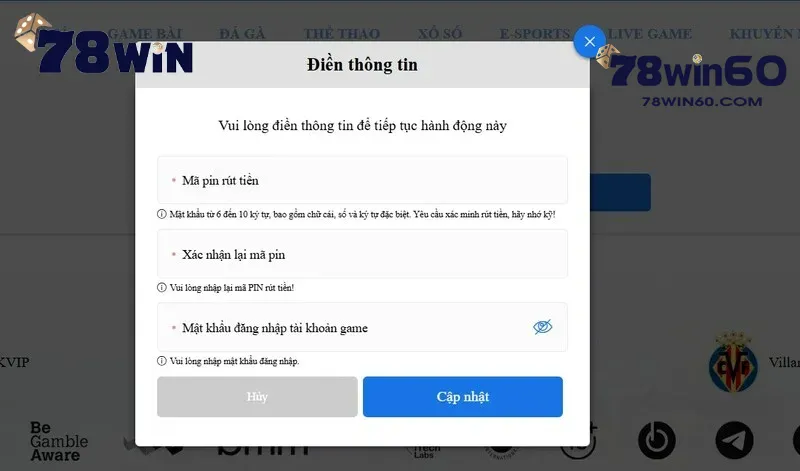 Cài đặt mã rút tiền 78win