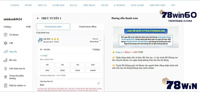 Lưu ý khi thanh toán tại 78win