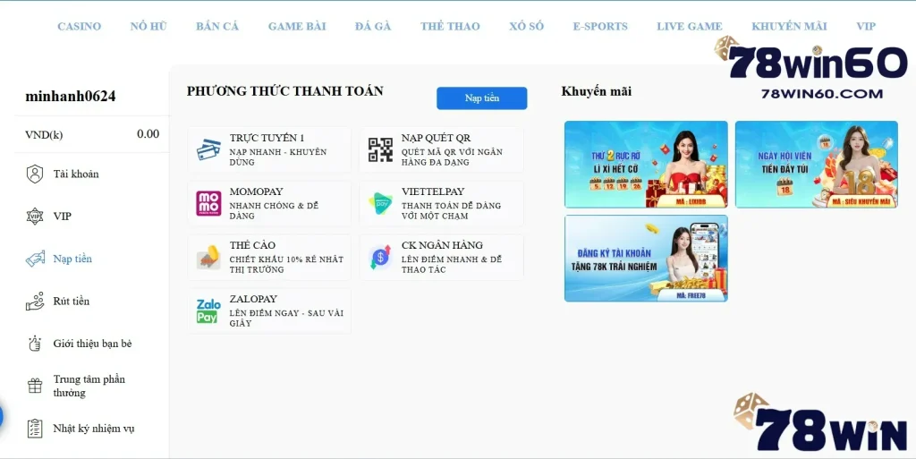 Quy trình nạp tiền 78win cực dễ dàng