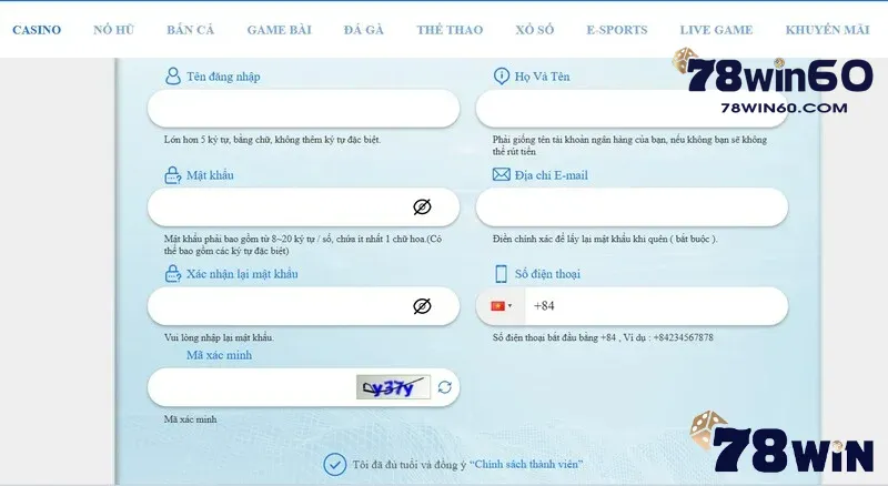 Thông tin hoàn thiện hồ sơ tài khoản trên 78win